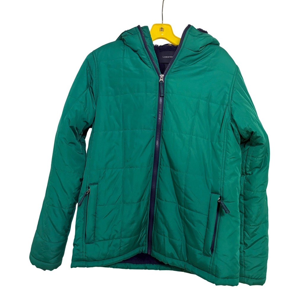 Lands End Kids Teal Winter Fleece Lined Parka Jacket Coat Size Large Hood Zip